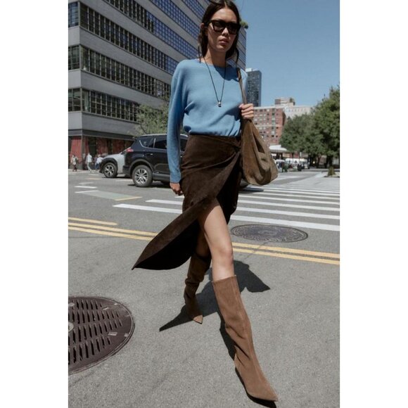 ZARA 100% LEATHER WRAP MIDI SKIRT - Picture 1 of 8